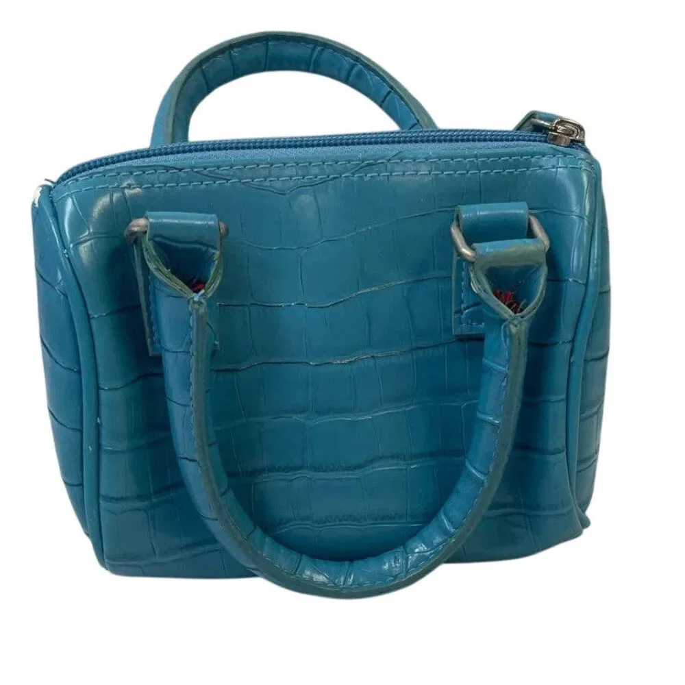 Adorable Little Girls Blue 2 Handle Faux Leather Zipper Close Handbag Purse Bag
